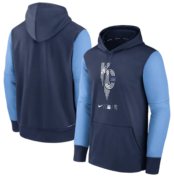 Men's Kansas City Royals 2022 City Connect Collection Navy Therma Pullover Hoodie - Click Image to Close