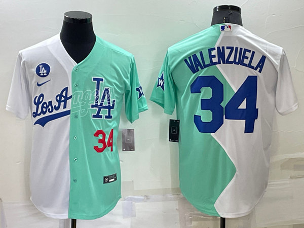 Men's Los Angeles Dodgers #34 Fernando Valenzuela White/Green 2022 All-Star Cool Base Stitched Baseball Jersey