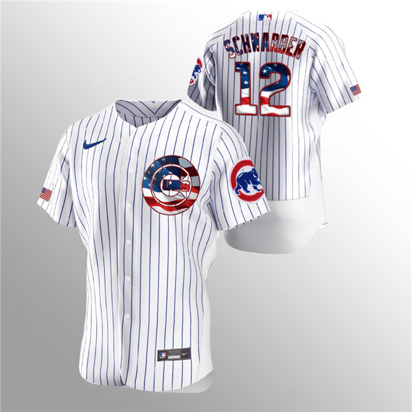 Men's Chicago Cubs White #12 Kyle Schwarber 2020 Stars & Stripes Flex Base Stitched MLB Jersey