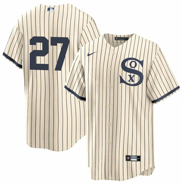 Men's Chicago White Sox #27 Lucas Giolito 2021 Cream/Navy Field Of Dreams Cool Base Stitched Jersey