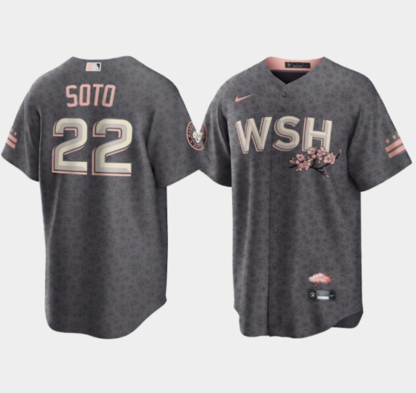 Men's Washington Nationals #22 Juan Soto 2022 Gray City Connect Cherry Blossom Cool Base Stitched Jersey