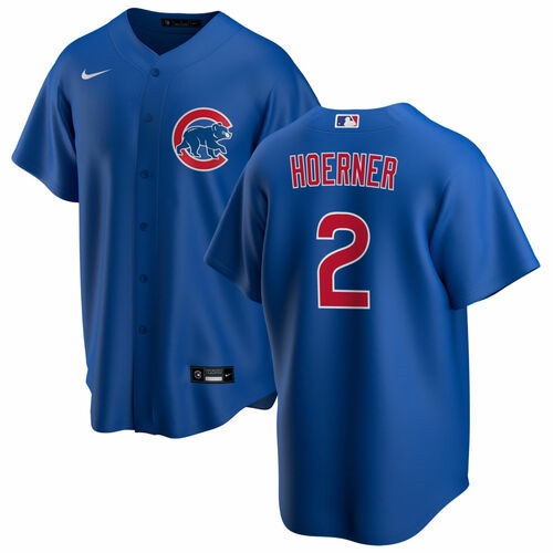 Men's Chicago Cubs #2 Nico Hoerner Blue Cool Base Stitched Baseball Jersey - Click Image to Close