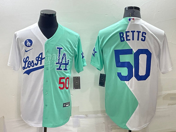 Men's Los Angeles Dodgers #50 Mookie Betts White/Green 2022 All-Star Cool Base Stitched Baseball Jersey