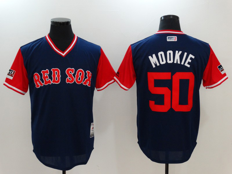 Men's Boston Red Sox Mookie Betts "Mookie" Majestic Navy/Red 2018 Players' Weekend Jersey