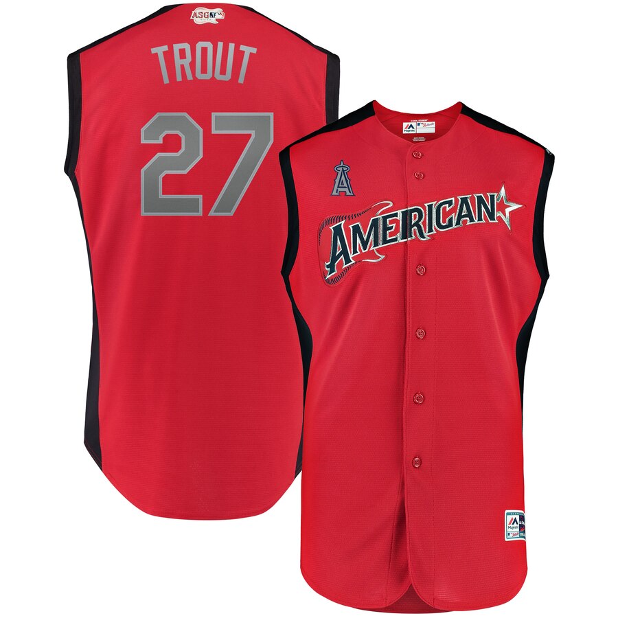 American League #27 Mike Trout Red 2019 MLB All-Star Game Workout Stitched Jersey - Click Image to Close