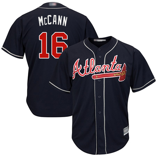 Men's Atlanta Braves #16 Brian McCann Navy Blue Cool Base Stitched MLB Jersey - Click Image to Close