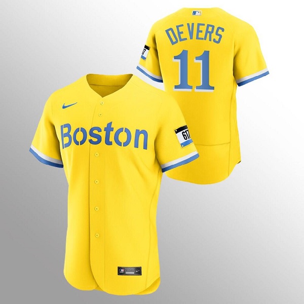 Men's Boston Red Sox #11 Rafael Devers Gold 2021 City Connect Flex Base Stitched MLB Jersey