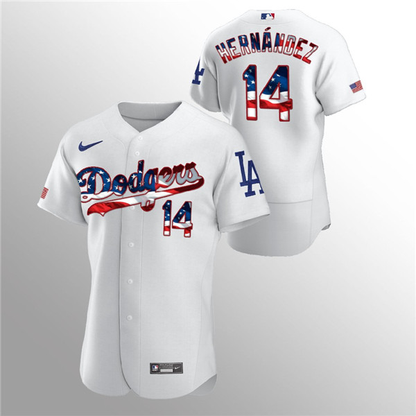 Men's Los Angeles Dodgers White #14 Enrique Hernandez 2020 Stars & Stripes Flex Base Stitched MLB Jersey - Click Image to Close