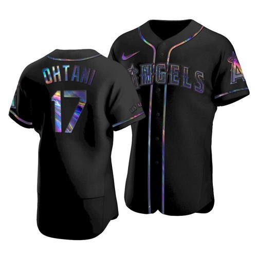 Men's Los Angeles Angels #17 Shohei Ohtani 2021 Black Iridescent Logo Flex Base Stitched Baseball Jersey