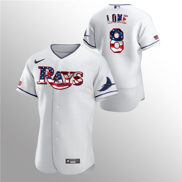 Men's Tampa Bay Rays White #8 Brandon Lowe 2020 Stars & Stripes Flex Base Stitched MLB Jersey - Click Image to Close