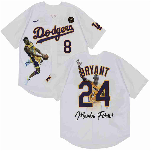 Men's Los Angeles Dodgers Front #8 Back #24 Kobe Bryant White With KB Patch Cool Base Stitched MLB Jersey