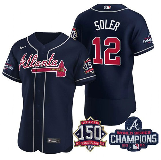 Men's Atlanta Braves #12 Jorge Soler 2021 Navy World Series Champions With 150th Anniversary Flex Base Stitched Jersey - Click Image to Close