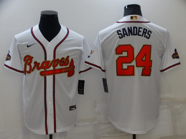 Men's Atlanta Braves #24 Deion Sanders 2022 White/Gold World Series Champions Program Cool Base Stitched Baseball Jersey