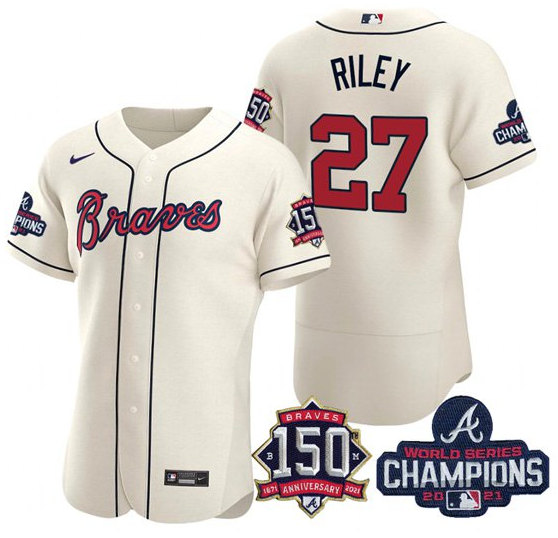 Men's Atlanta Braves #27 Austin Riley 2021 Cream World Series Champions With 150th Anniversary Flex Base Stitched Jersey