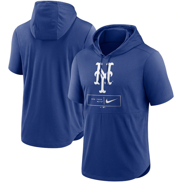 Men's New York Mets Blue Short Sleeve Pullover Hoodie - Click Image to Close