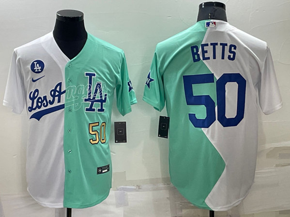 Men's Los Angeles Dodgers #50 Mookie Betts White/Green 2022 All-Star Cool Base Stitched Baseball Jersey - Click Image to Close