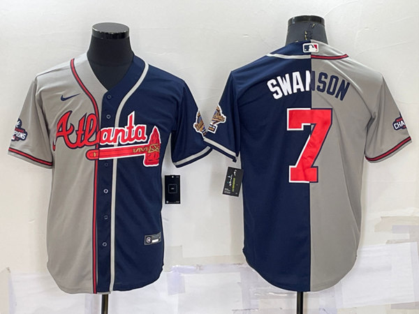 Men's Atlanta Braves #7 Dansby Swanson Gray Navy Two Tone Split Cool Base Stitched Baseball Jersey