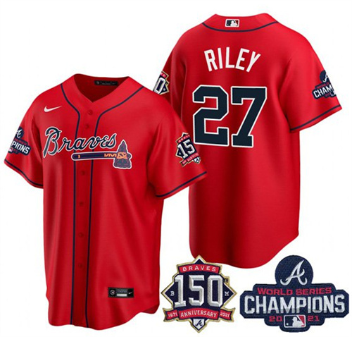 Men's Atlanta Braves #27 Austin Riley 2021 Red World Series Champions With 150th Anniversary Patch Cool Base Stitched Jersey