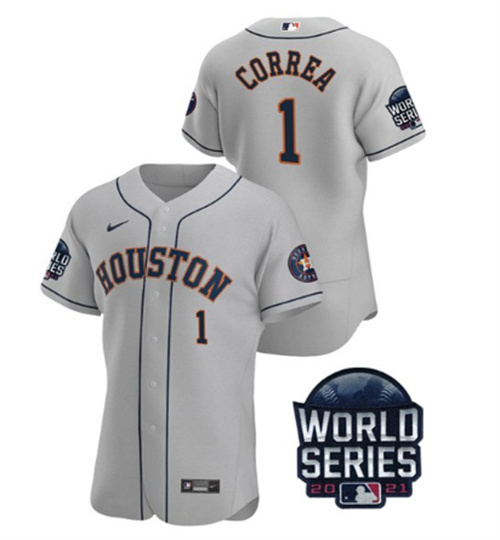 Men's Houston Astros #1 Carlos Correa 2021 Gray World Series Flex Base Stitched Baseball Jersey