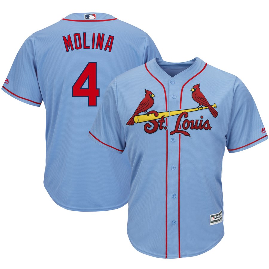 Men's St. Louis Cardinals #4 Yadier Molina Majestic Light Blue Cool Base Stitched MLB Jersey - Click Image to Close