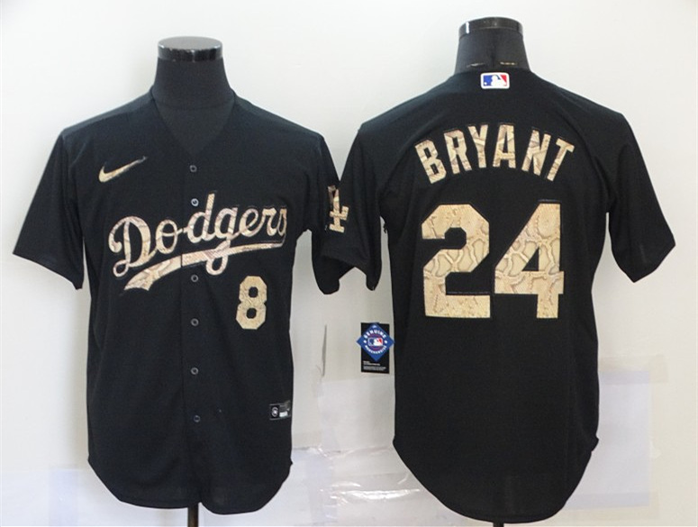 Men's Los Angeles Dodgers Black Front #8 Back #24 Kobe Bryant 2020 Black Mamba Snake Stitched MLB Jersey - Click Image to Close