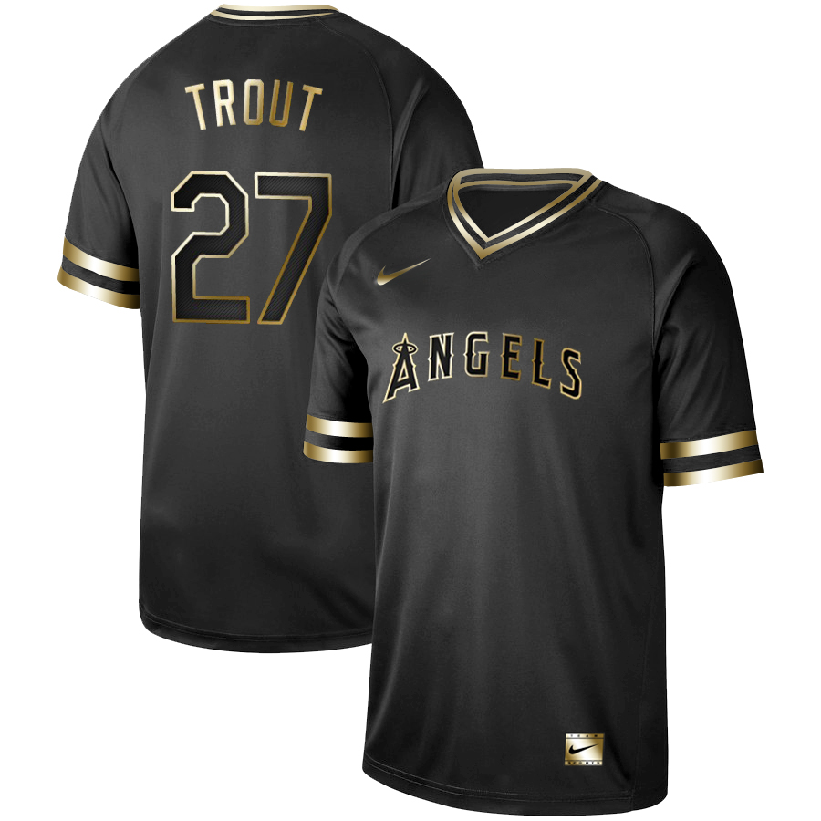 Men's Los Angeles Angels #27 Mike Trout Black Gold Stitched MLB Jersey - Click Image to Close