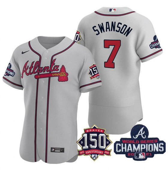 Men's Atlanta Braves #7 Dansby Swanson 2021 Gray World Series Champions With 150th Anniversary Flex Base Stitched Jersey - Click Image to Close