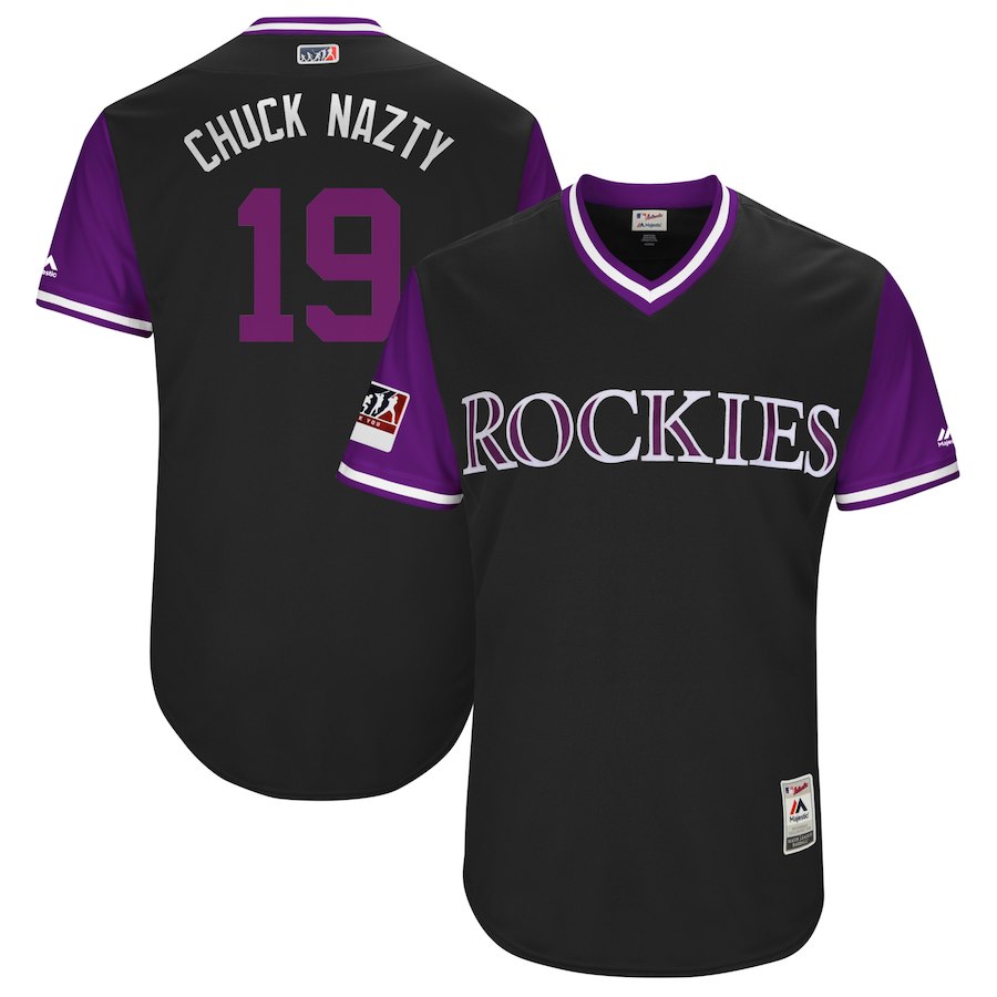 Men's Colorado Rockies Charlie Blackmon "Chuck Nazty" Majestic Black/Purple 2018 Players' Weekend Jersey