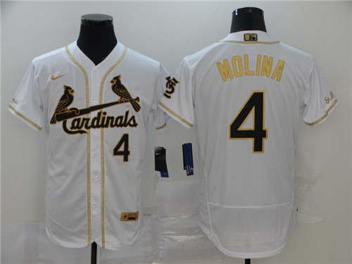 Men's St. Louis Cardinals #4 Yadier Molina White Golden Flex Base Stitched MLB Jersey