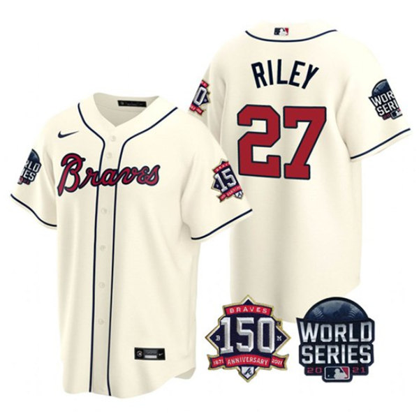 Men's Atlanta Braves #27 Austin Riley 2021 Cream World Series With 150th Anniversary Patch Cool Base Stitched Jersey - Click Image to Close