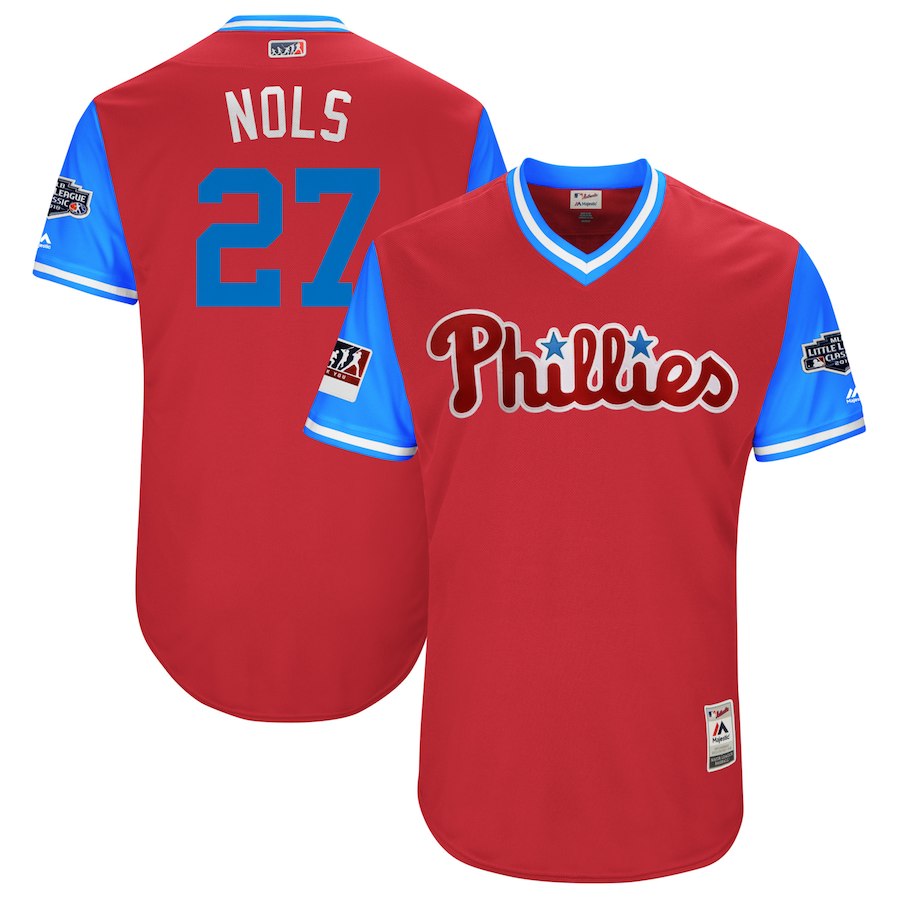 Men's hiladelphia Phillies Aaron Nola "Nols" Majestic Scarlet/Light Blue 2018 MLB Little League Classic Jersey - Click Image to Close