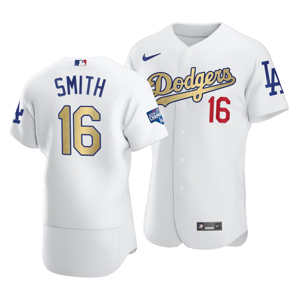 Men's Los Angeles Dodgers #16 Will Smith 2021 White Gold World Series Champions Patch Sttiched MLB Jersey