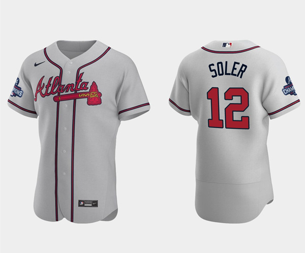 Men's Atlanta Braves #12 Jorge Soler 2021 Gray World Series Champions Flex Base Stitched Jersey