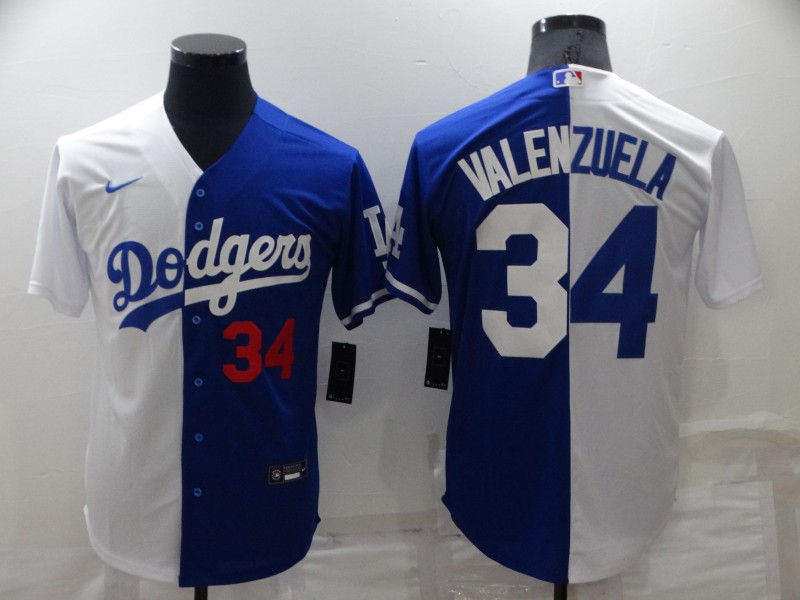 Men's Los Angeles Dodgers #34 Toro Valenzuela White/Blue Split Cool Base Stitched Baseball Jersey