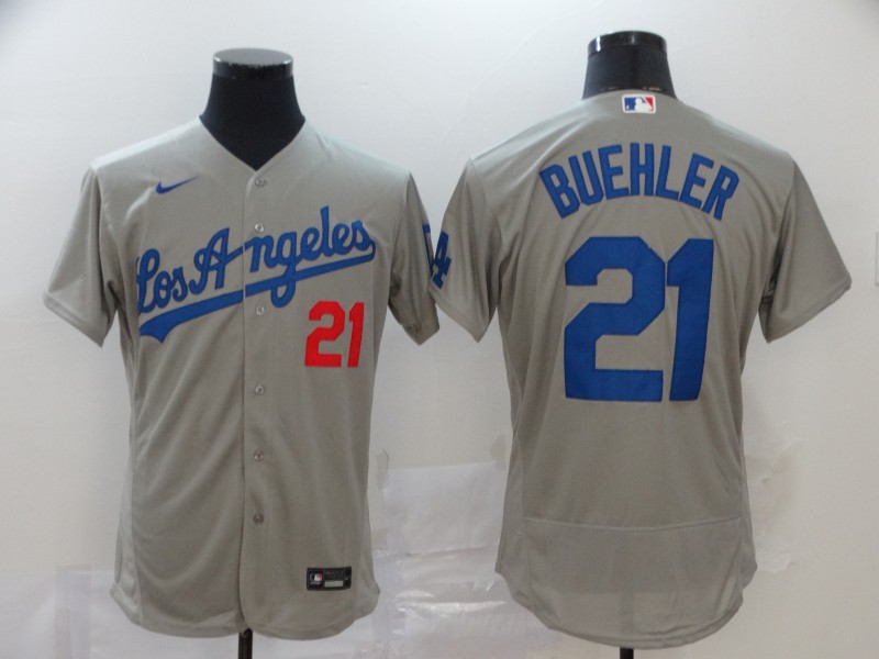 Men's Los Angeles Dodgers #21 Walker Buehler Grey Flex Base Stitched MLB Jersey