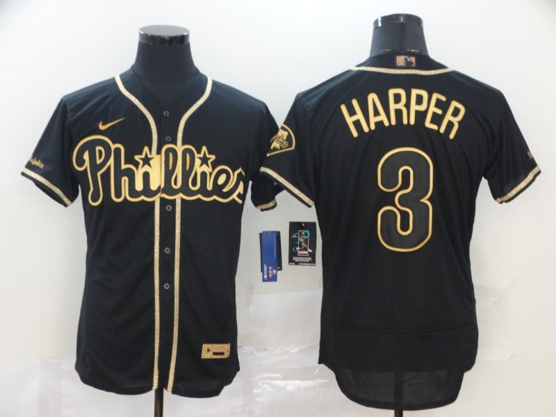 Men's Philadelphia Phillies #3 Bryce Harper Black Golden Stitched MLB Jersey