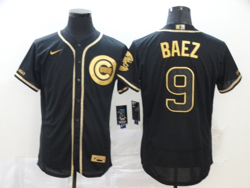 Men's Chicago Cubs #9 Javier Baez Black Golden Flex Base Stitched MLB Jersey - Click Image to Close