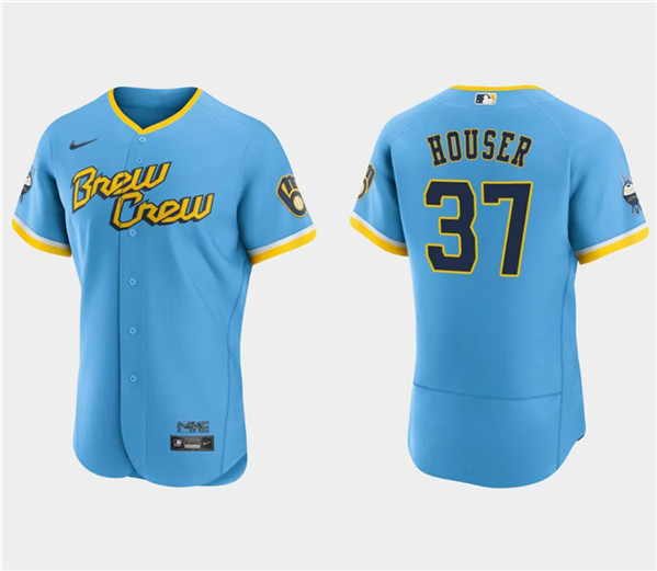 Men's Milwaukee Brewers #37 Adrian Houser Powder Blue 2022 City Connect Flex Base Stitched Jersey