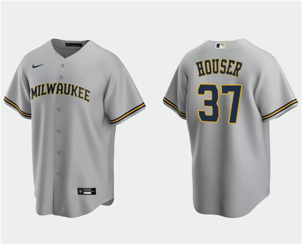 Men's Milwaukee Brewers #37 Adrian Houser Gray Cool Base Stitched Jersey