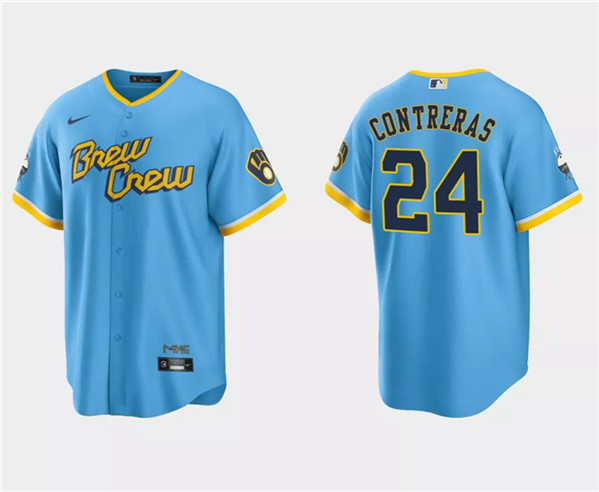 Men's Milwaukee Brewers #24 William Contreras Powder Blue 2022 City Connect Cool Base Stitched Jersey