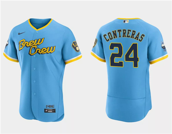 Men's Milwaukee Brewers #24 William Contreras Powder Blue 2022 City Connect Flex Base Stitched Jersey