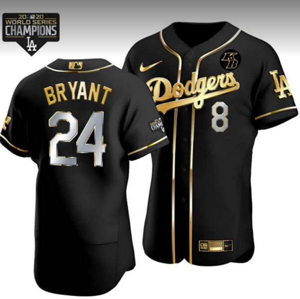 Men's Los Angeles Dodgers Front #8 Back #24 Kobe Bryant Black 2020 Gold World Series Champions Patch Flex Base Sttiched MLB Jersey