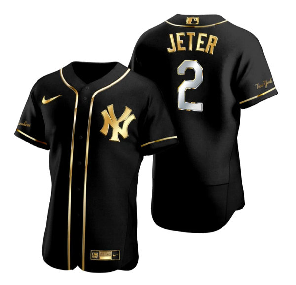 Men's New York Yankees #2 Derek Jeter Black/Gold Flex Base Stitched Baseball Jersey - Click Image to Close