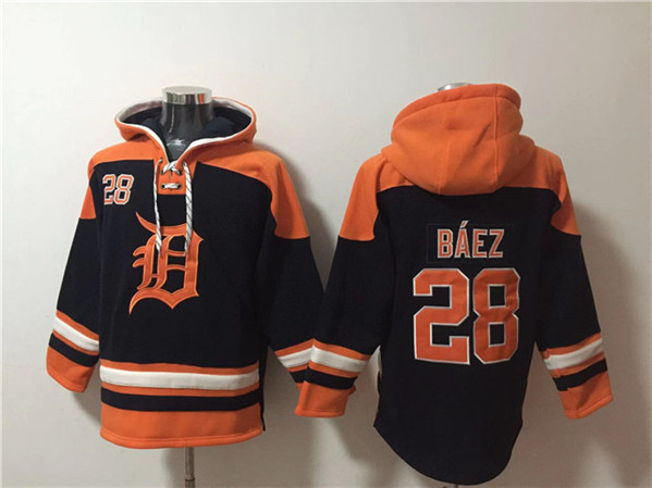 Men's Detroit Tigers #28 Javier B??ez Black/Orange Lace-Up Pullover Hoodie