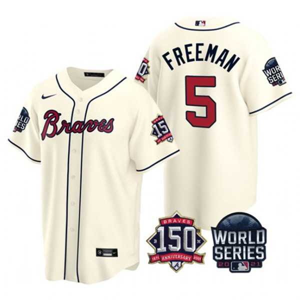 Men's Atlanta Braves #5 Freddie Freeman 2021 Cream World Series With 150th Anniversary Patch Cool Base Stitched Jersey