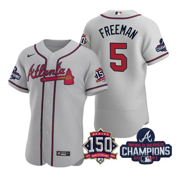 Men's Atlanta Braves #5 Freddie Freeman 2021 Gray World Series Champions With 150th Anniversary Flex Base Stitched Jersey