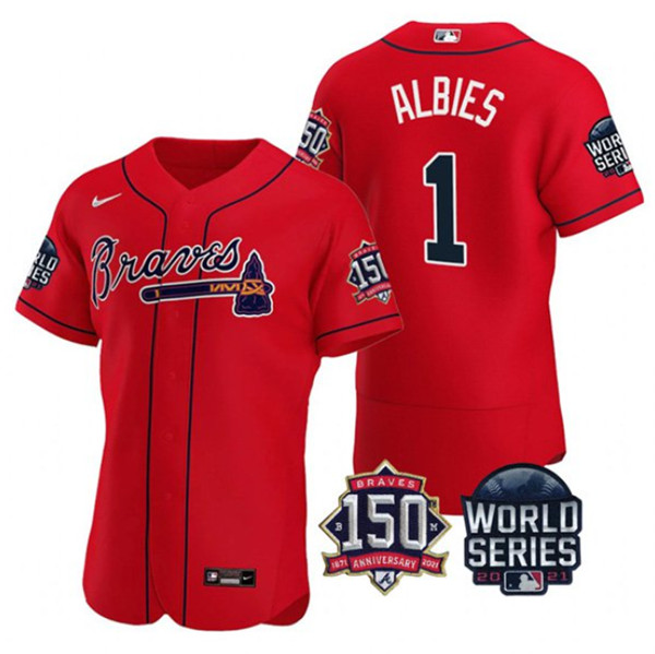 Men's Atlanta Braves #1 Ozzie Albies 2021 Red World Series Flex Base With 150th Anniversary Patch Stitched Baseball Jersey