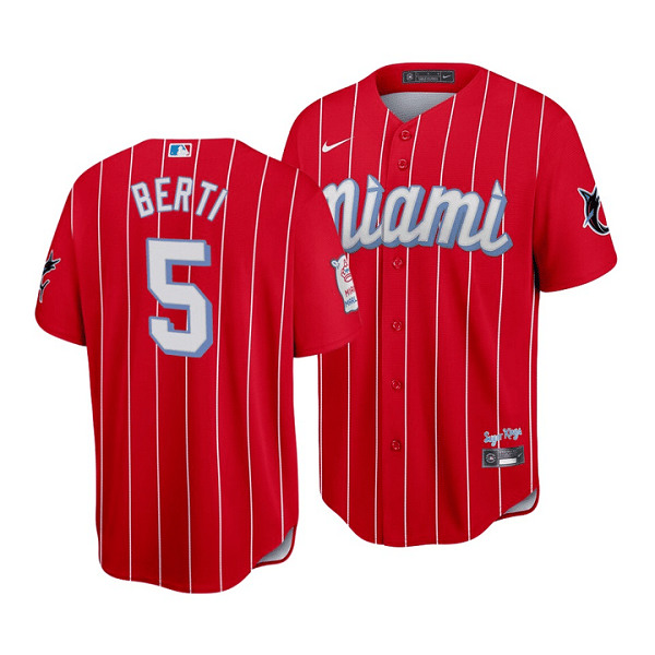 Men's Miami Marlins #5 Jon Berti 2021 Red City Connect Cool Base Stitched MLB Jersey