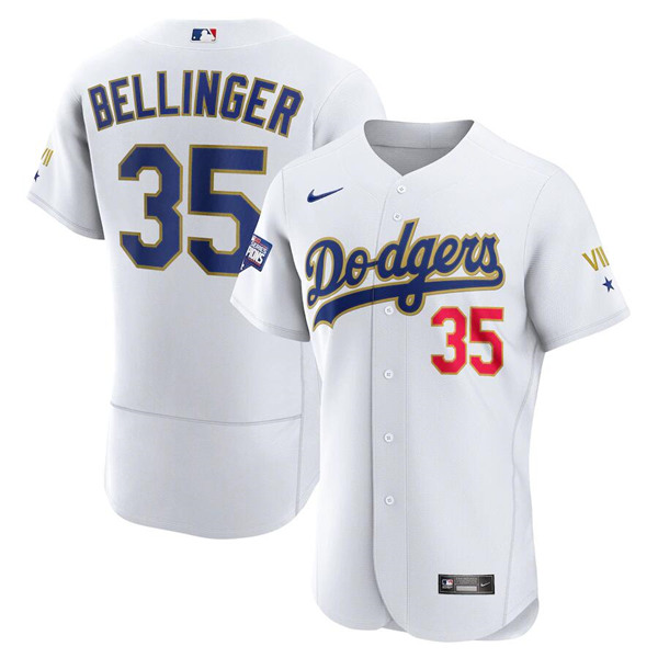 Men's Los Angeles Dodgers #35 Cody Bellinger White Gold Championship Flex Base Sttiched MLB Jersey