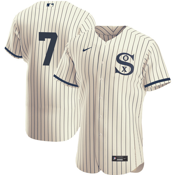 Men's Chicago White Sox #7 Tim Anderson 2021 Cream/Navy Field of Dreams Flex Base Stitched Jersey - Click Image to Close